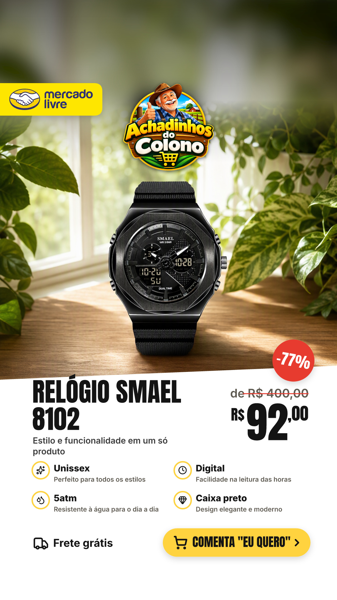 Relógio Smael 8102 Unissex Analógico Digital 5atm + Caixa Preto