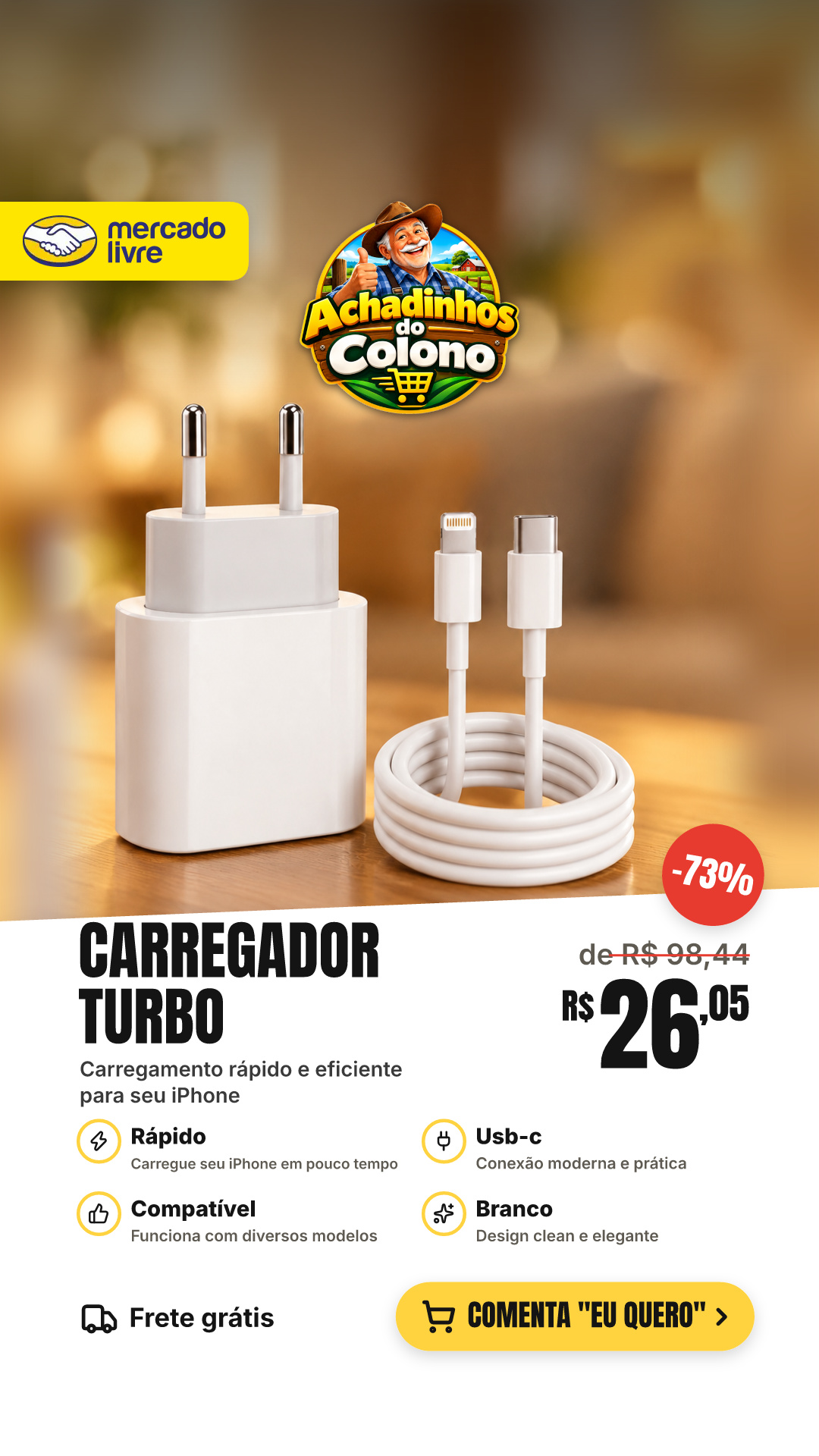 Carregador Turbo 20w Usb-c Rápido Para iPhone 11 12 13 14 Xr Branco