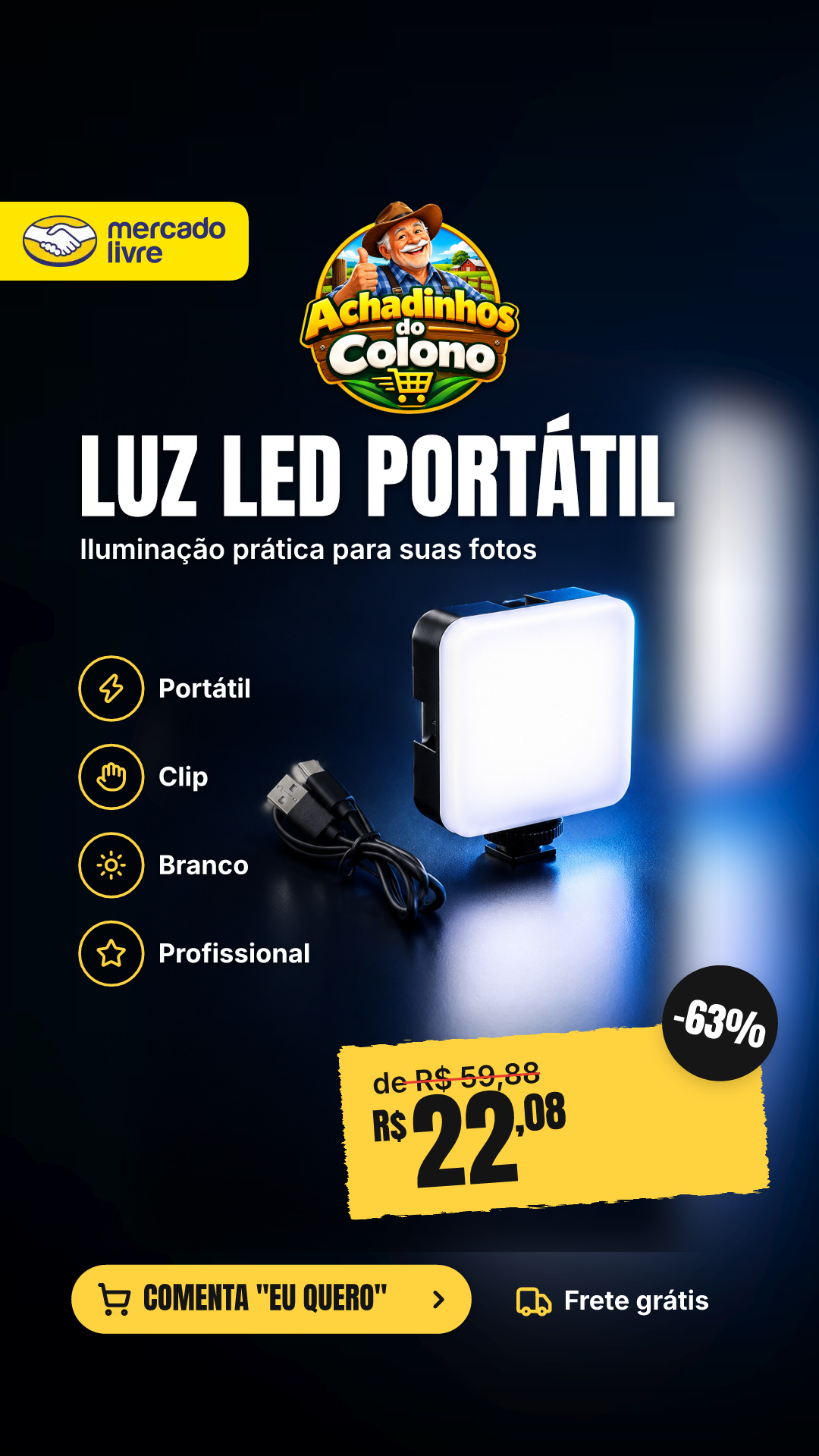 Luz Led Iluminação Portátil Com Clip Câmera Celular Pro6000k Branco