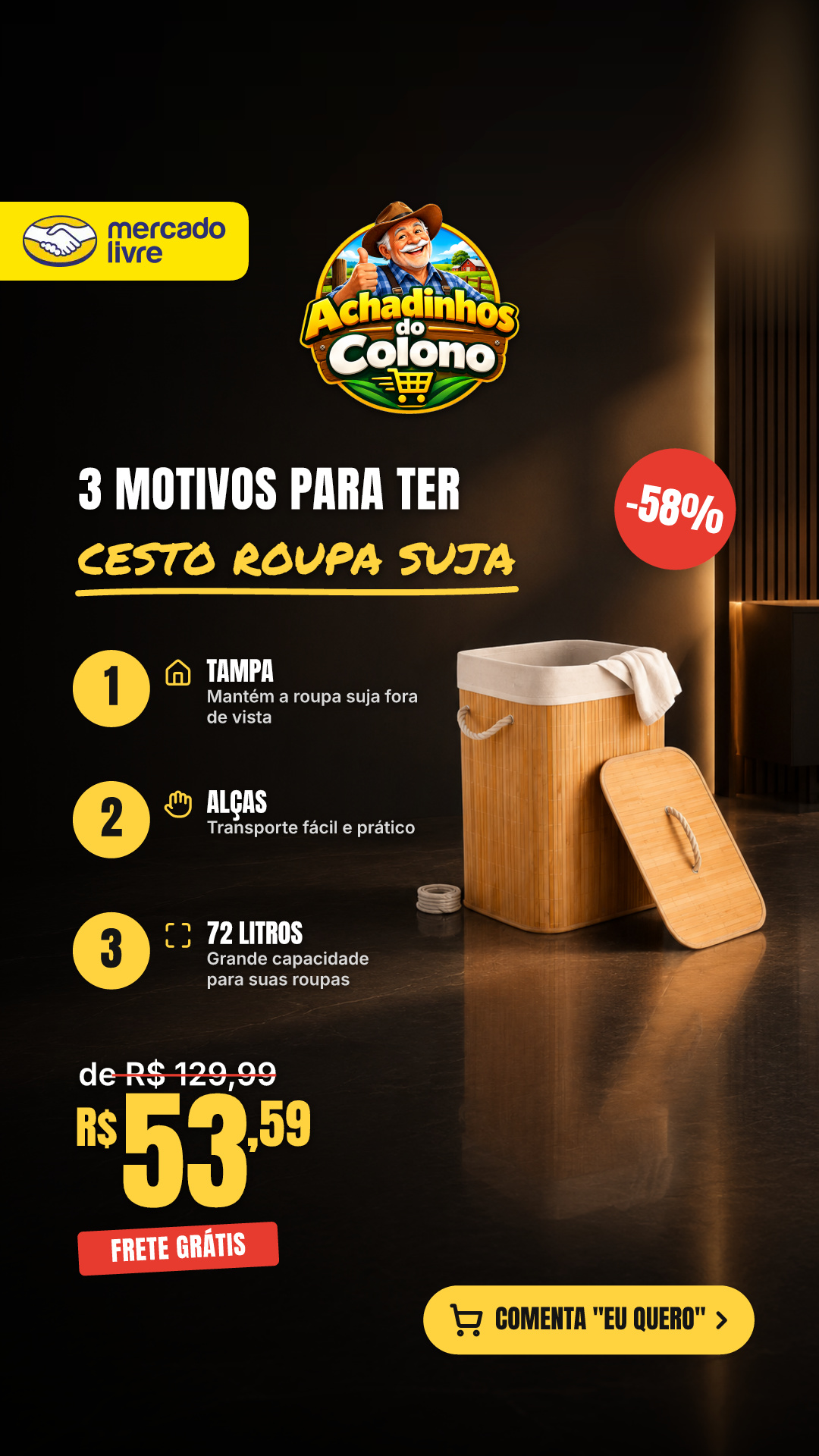Cesto De Roupa Suja Bambu Dobrável Com Tampa Alças 72 Litros Bambu