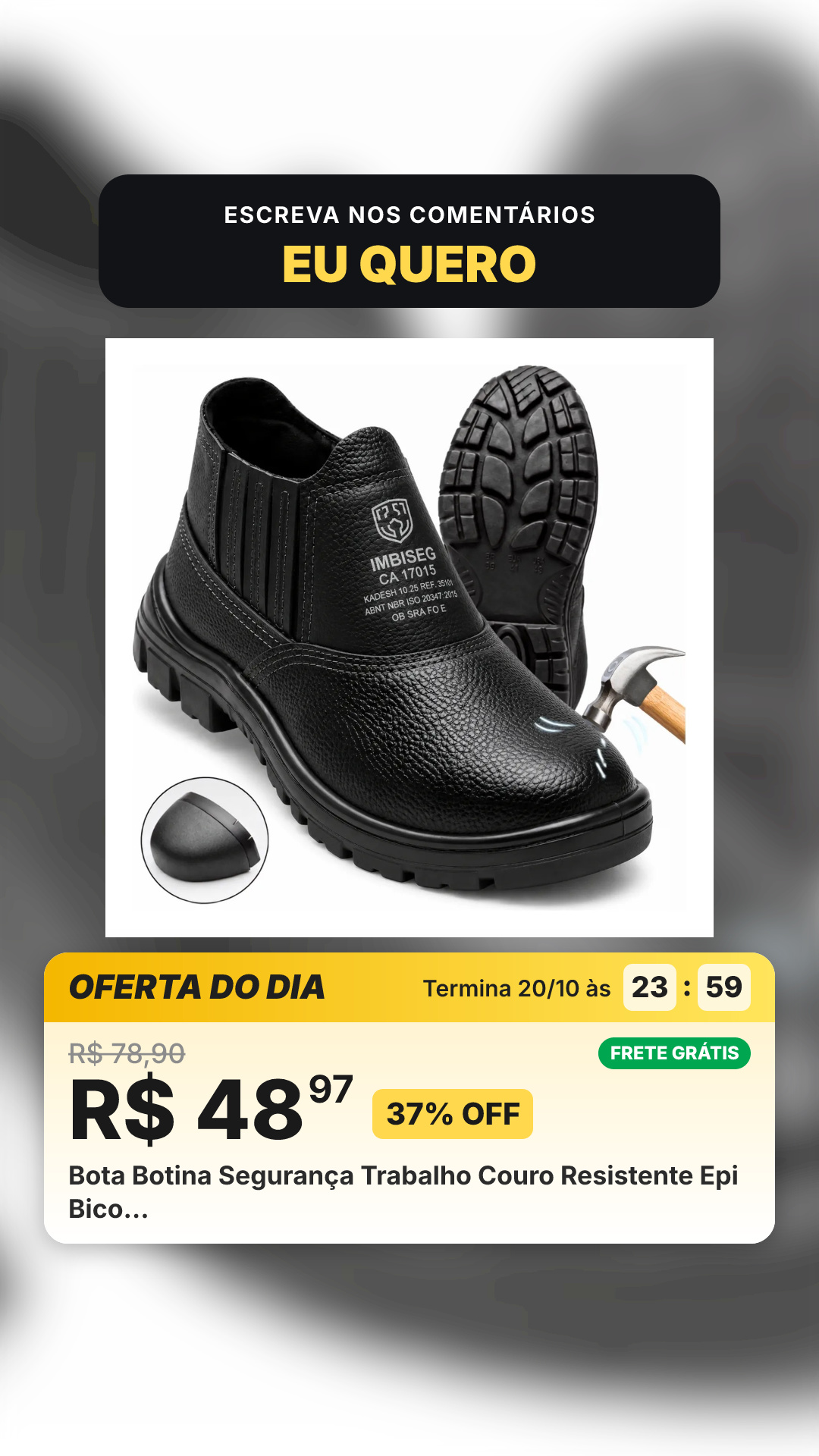 Bota Botina Segurança Trabalho Couro Resistente Epi Bico…