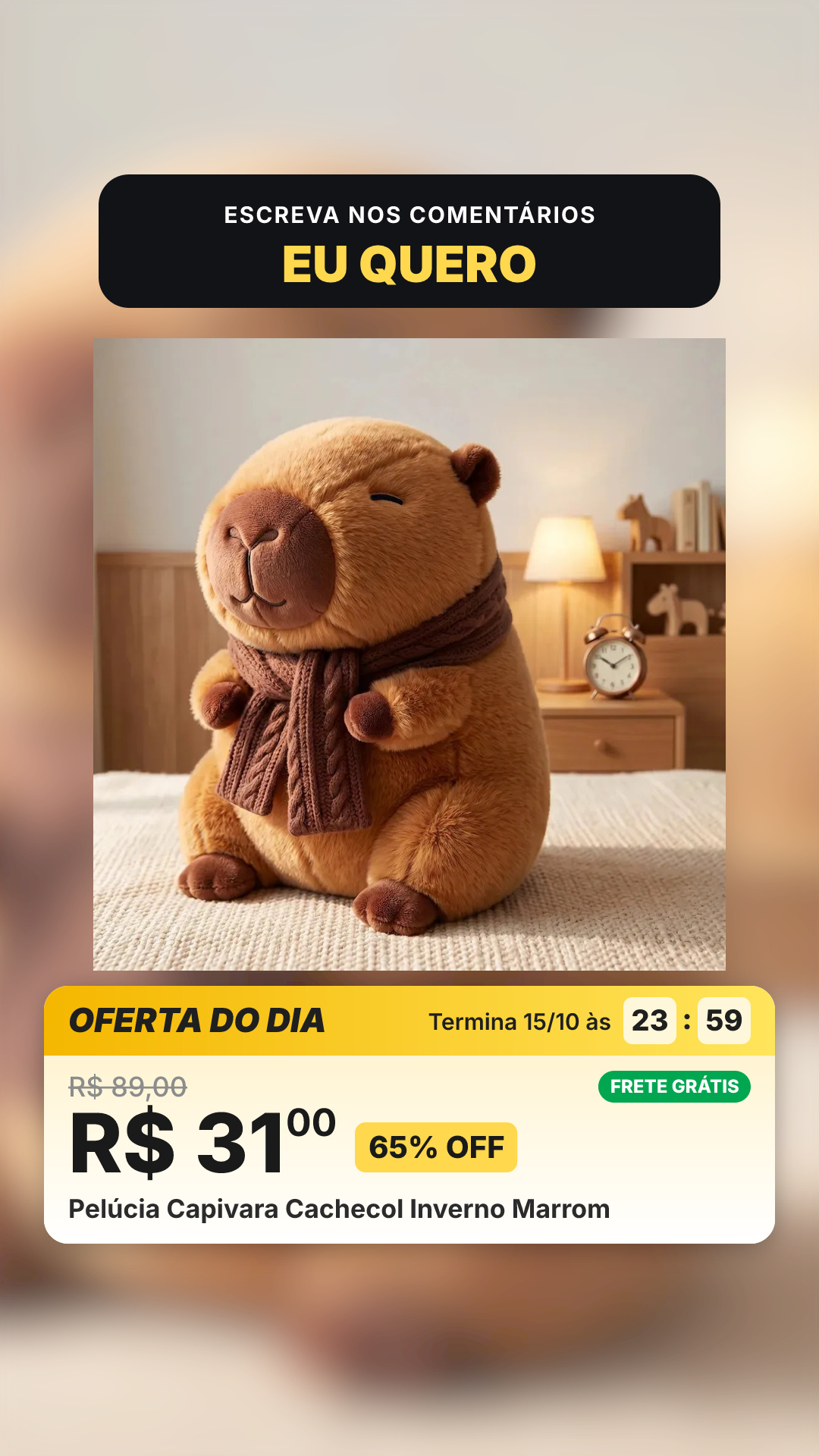 Pelúcia Capivara Cachecol Inverno Marrom