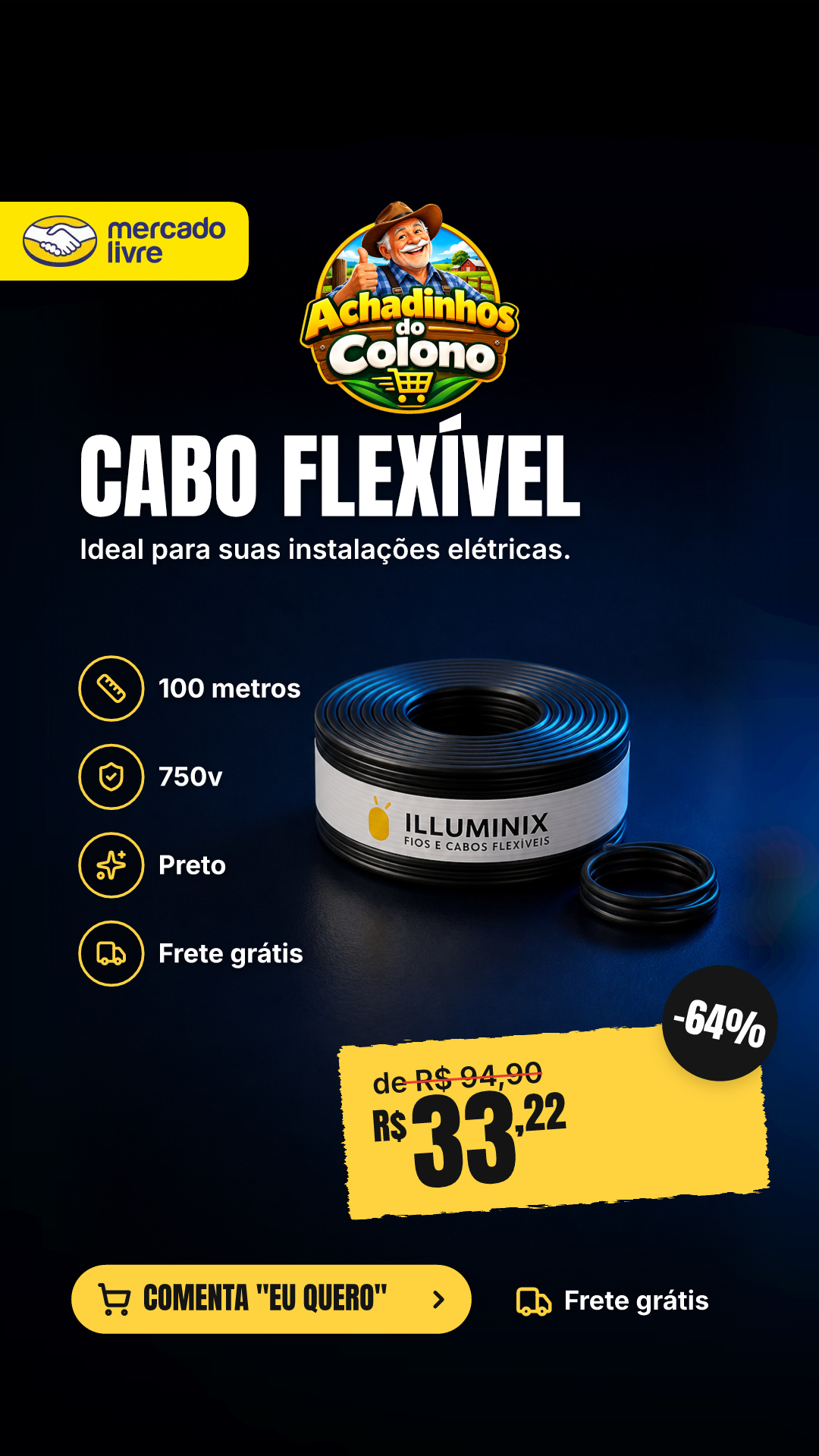 Cabo Flexível 1,5 Mm² Illuminix Rolo Com 100 Metros 750v Preto