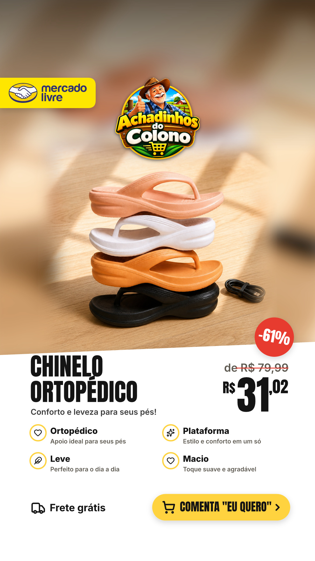 Chinelo Ortopédico Feminino Plataforma Leve Macio Casual