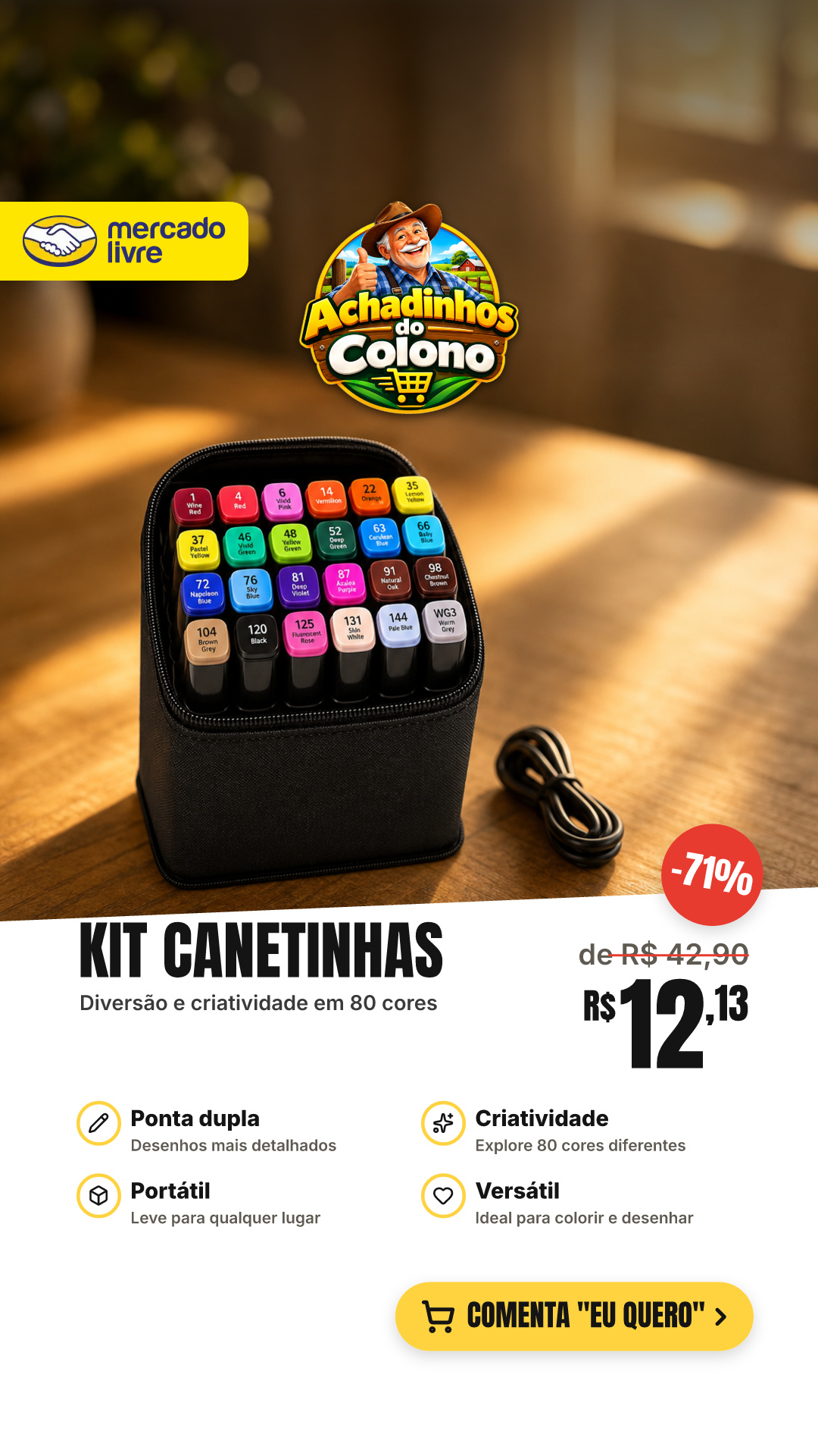 Kit Canetinhas 24 A 80 Cores Ponta Dupla Para Colorir Estojo 24 Cores