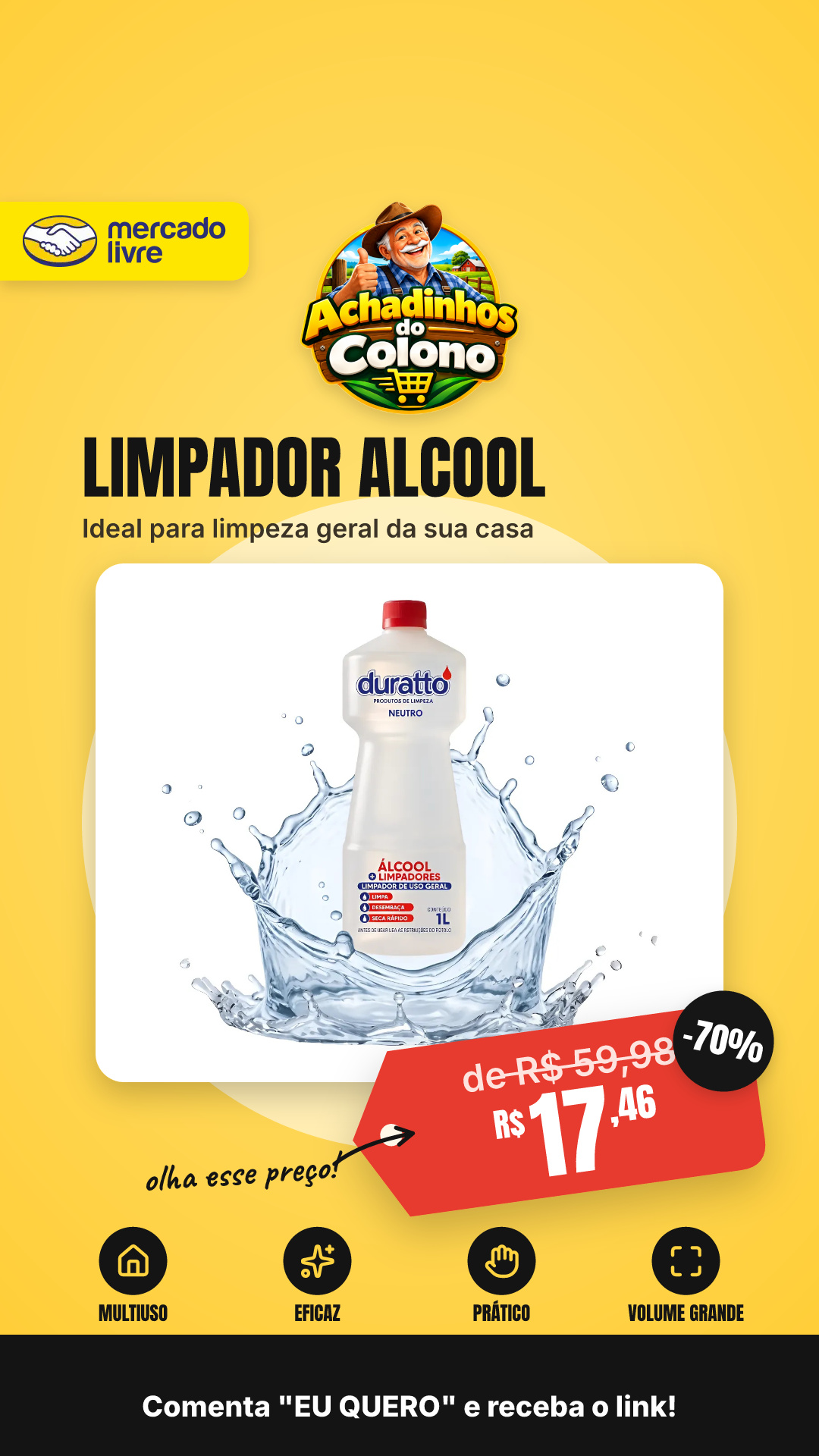 Limpador De Alcool 1l Limpeza Geral Casa Multiuso Duratto