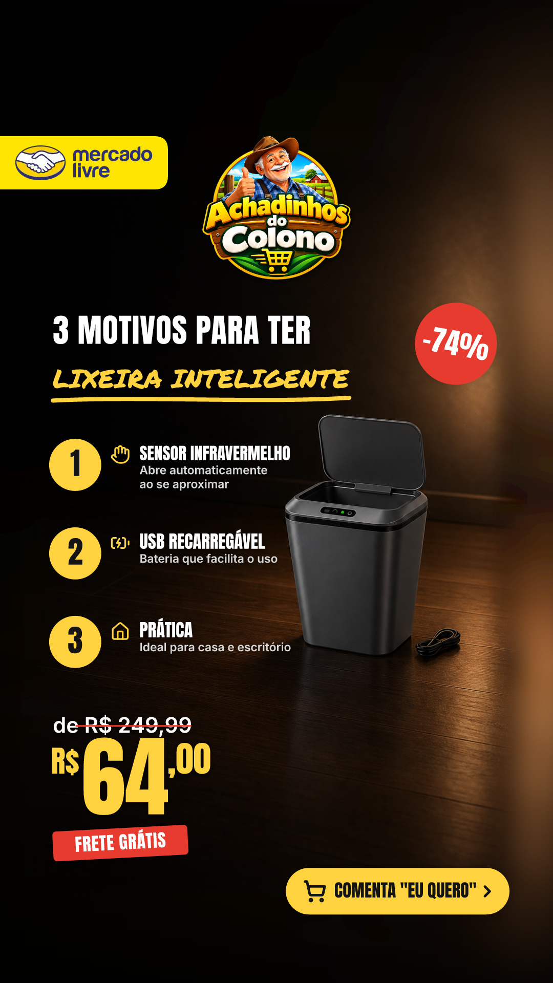 Lixeira Inteligente Sem Contato Sensor Infravermelho + Usb Recarregável, Cinza Escuro 16l Para Casa E Escritório.