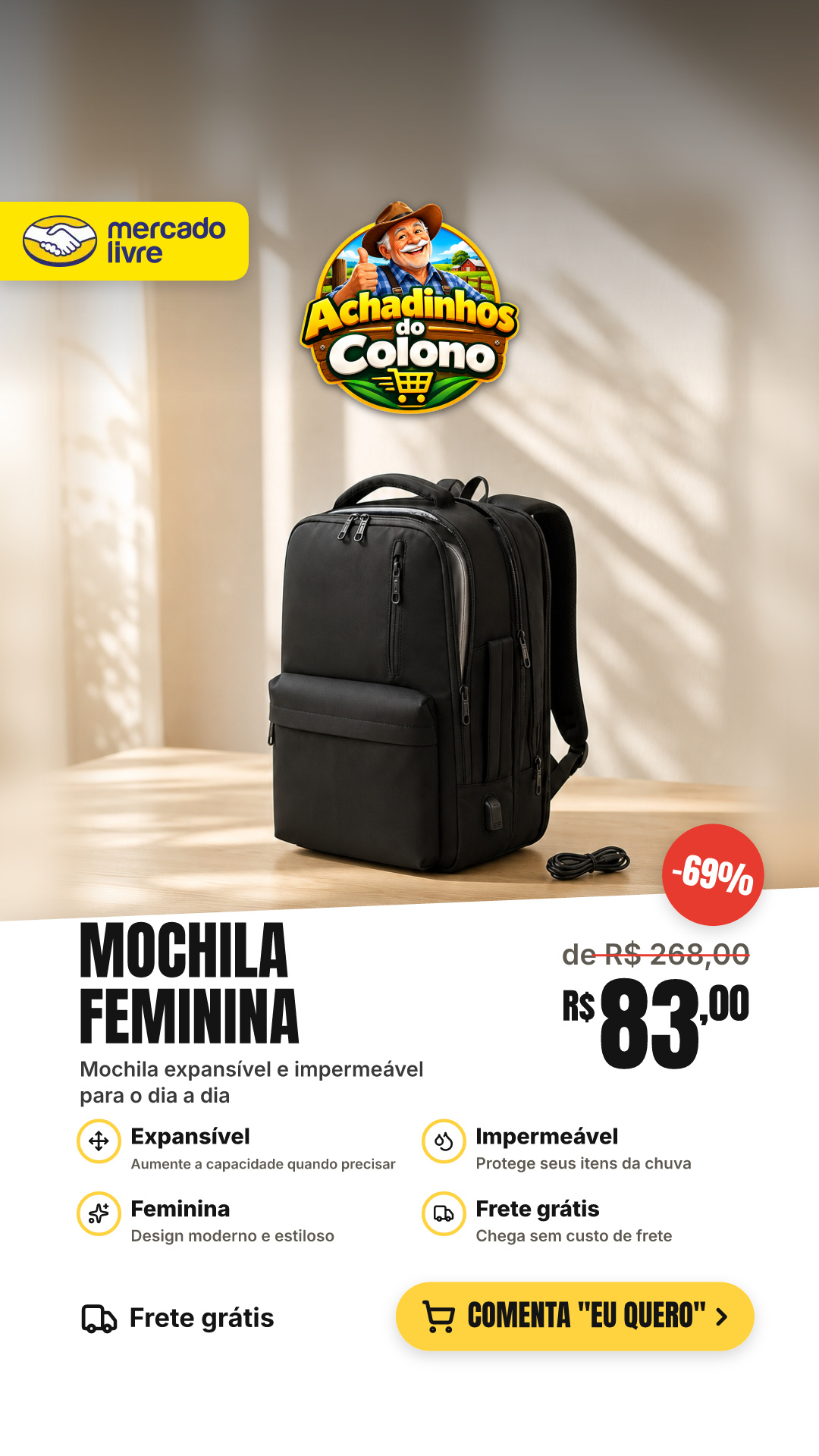 Mochila Para Notebook Feminina Expansível De 25l A 40l, Com Usb E Impermeável Preto