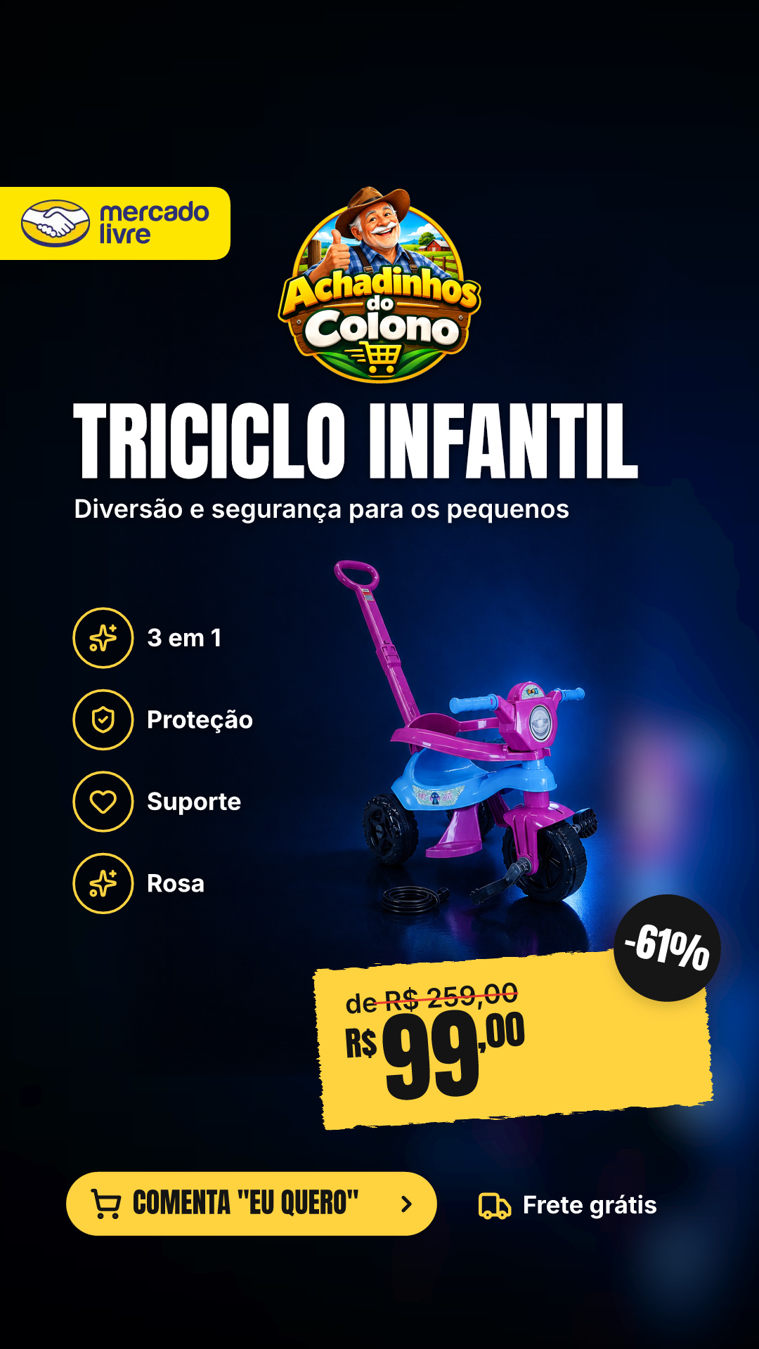 Triciclo Velotrol De Passeio E Pedal Infantil 3 Em 1 Kemotoca Protetor E Suporte Para Os Pés Rosa
