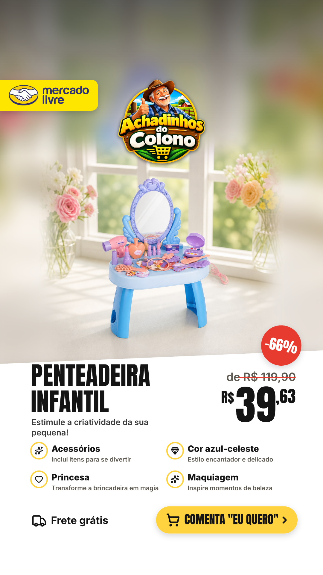 Penteadeira Infantil Menina Acessórios Princesa Maquiagem Cor Azul-celeste