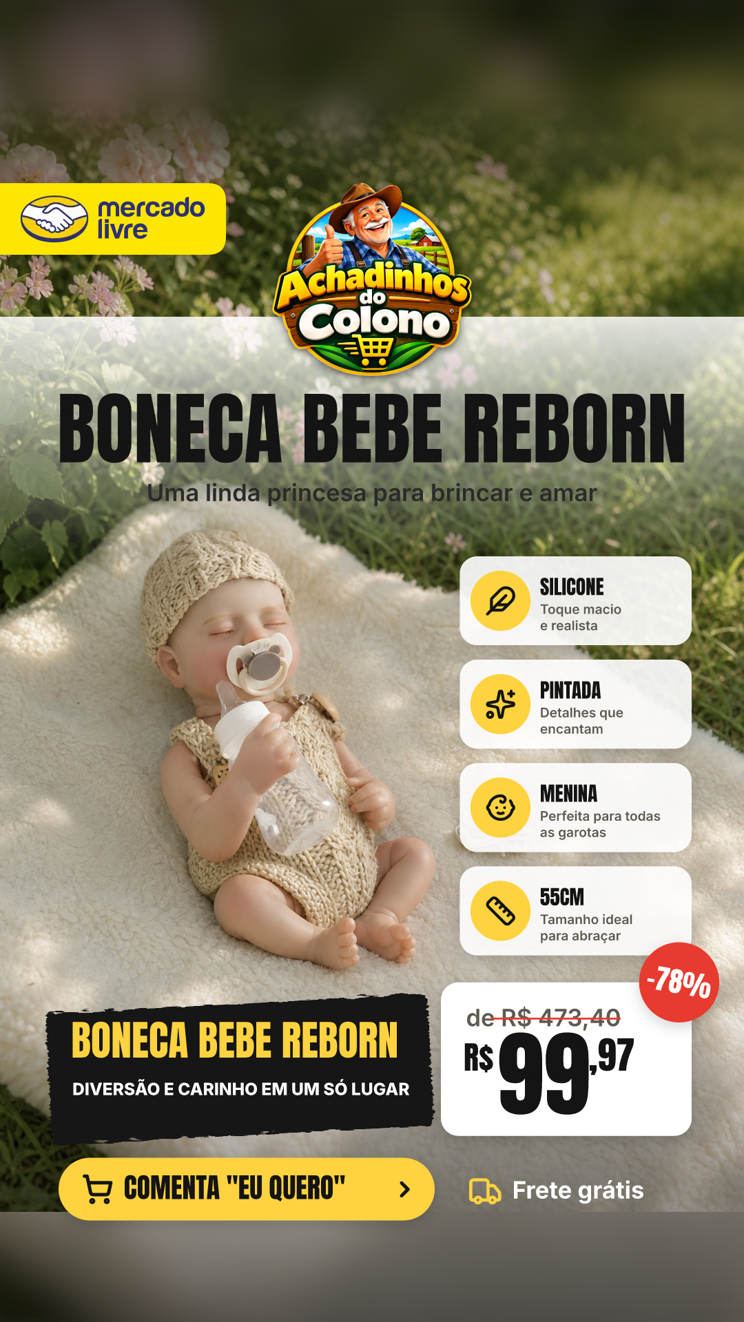 Boneca Bebe Reborn Silicone Princesa Menina Pintada 55cm