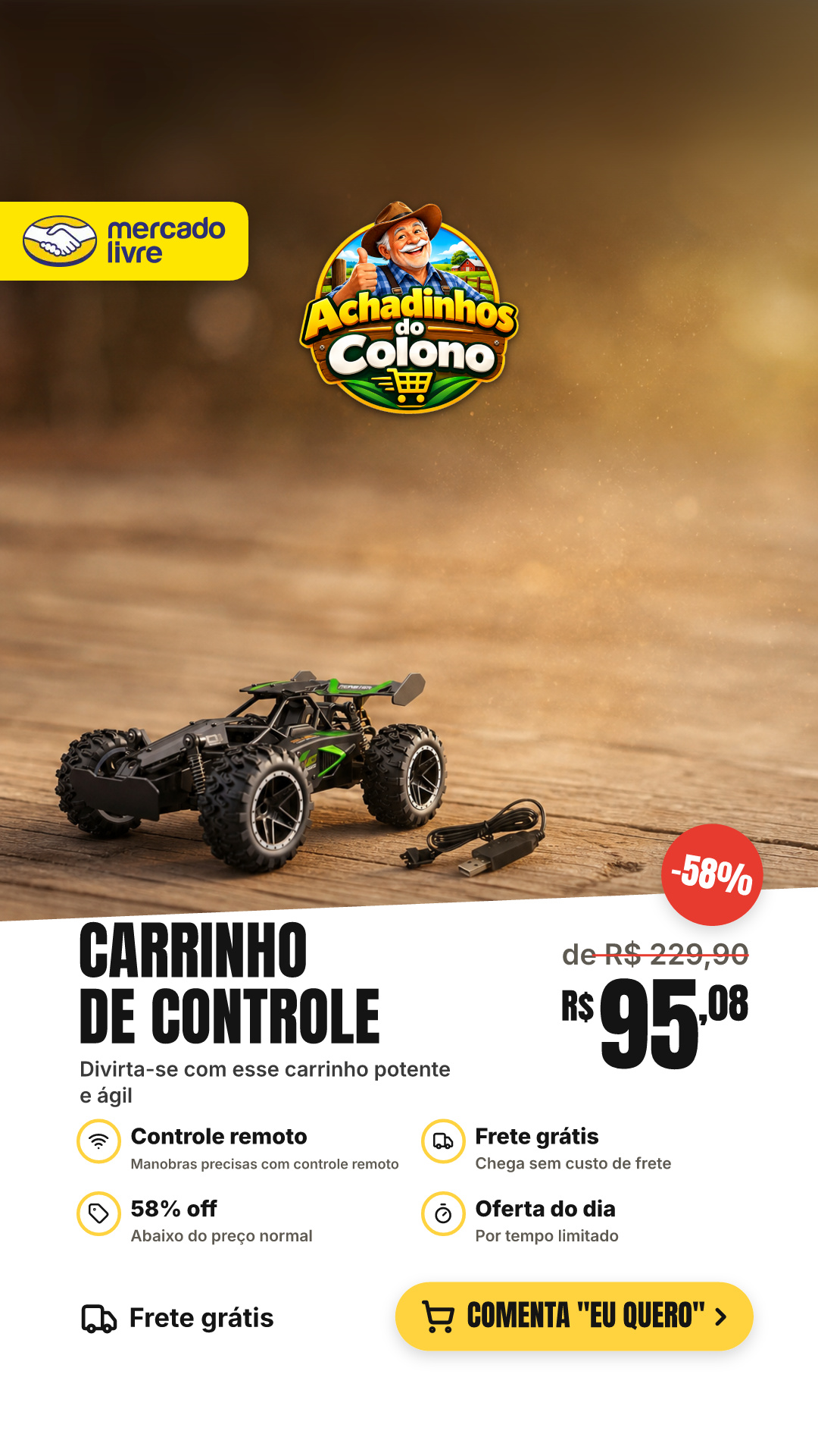 Carrinho Controle Remoto Recarregável Grande Off Road Cross Preto