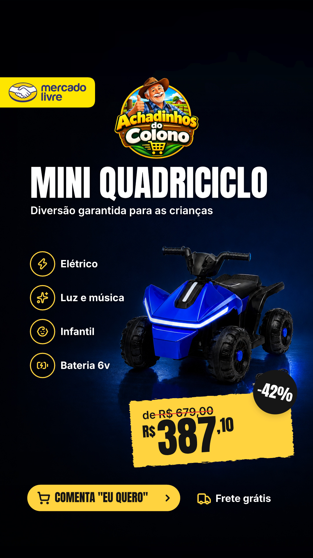 Mini Quadriciclo Elétrico Infantil Bateria 6v Luz E Música Azul 127/220v