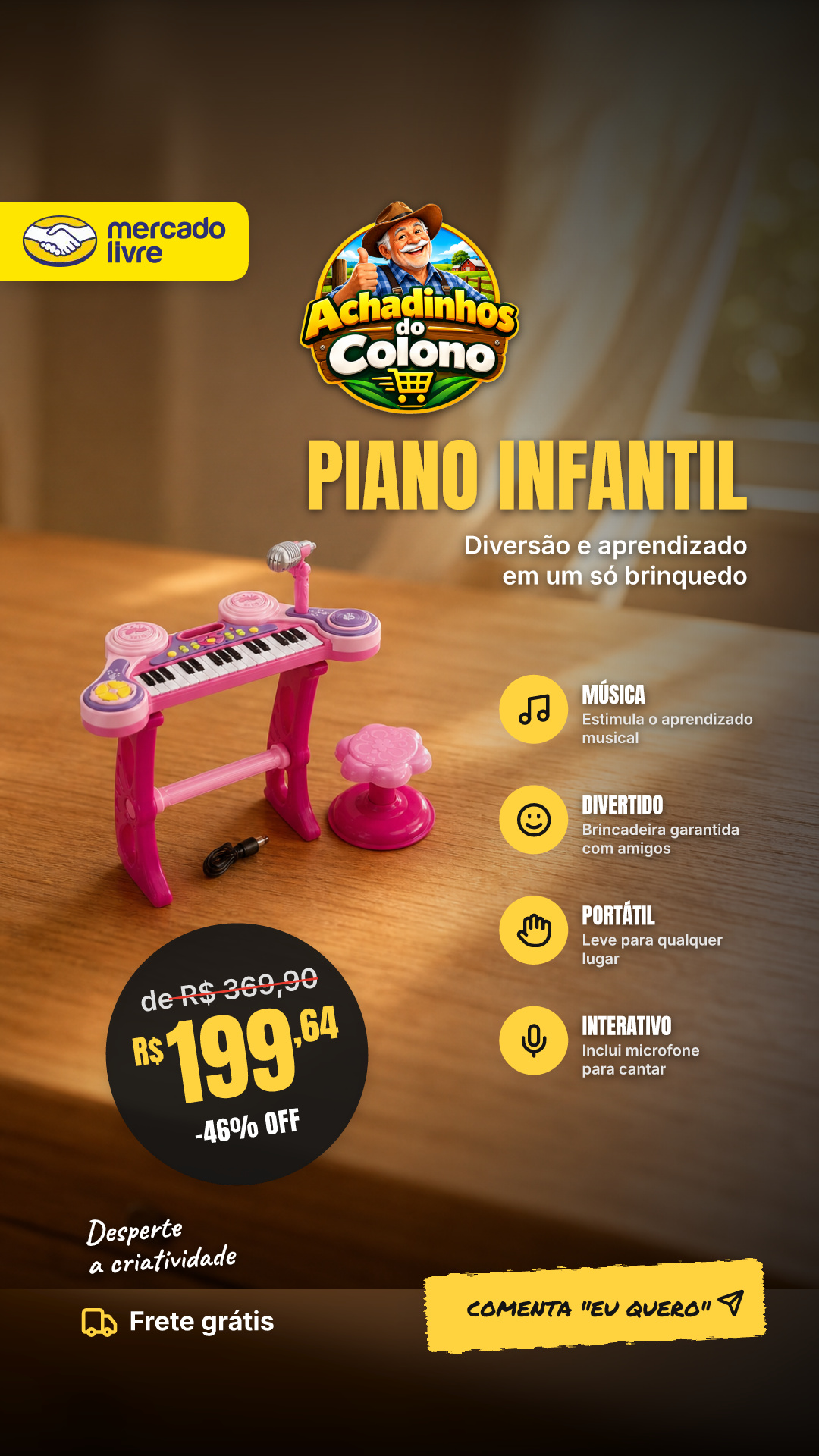 Piano Teclado Musical Infantil Pianinho Microfone Brinquedo Cor Rosa