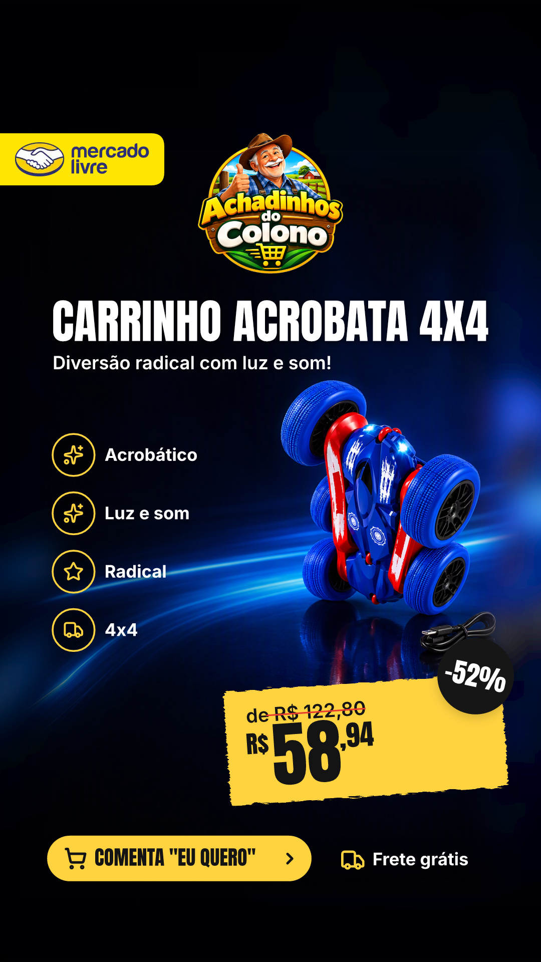 Carrinho De Controle Remoto Acrobata 4x4 Gira 360 Luz E Som Azul Maluco Rc Drift Insano - Brinquedo Carro Infantil Radical Original