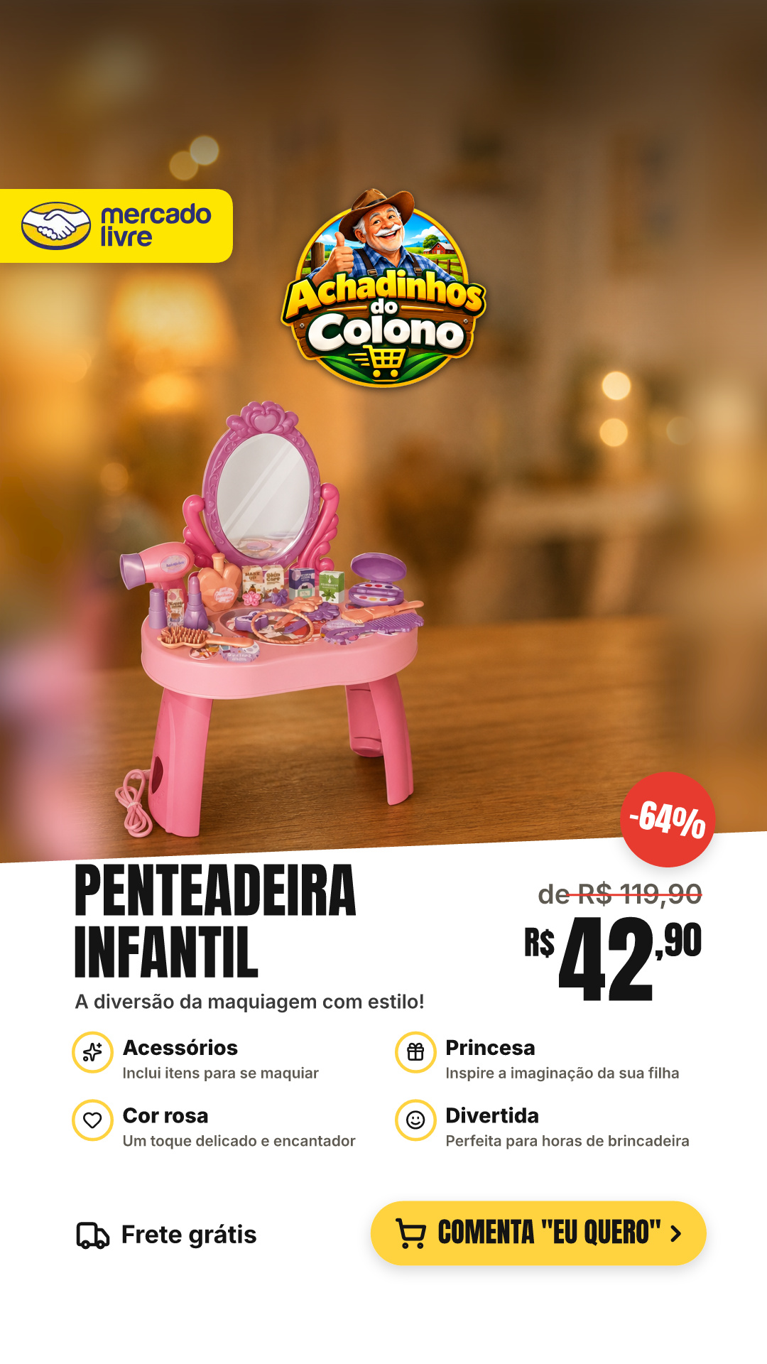 Penteadeira Infantil Menina Acessórios Princesa Maquiagem Cor Rosa