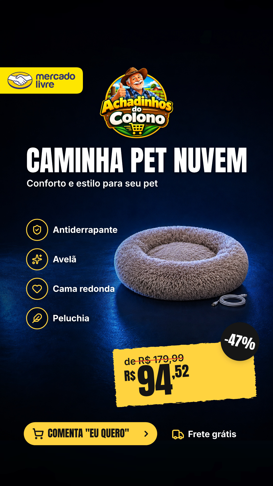 Caminha Pet Nuvem Cama Redonda G 60cm Donut Antiderrapante Avelã Pelucia Liso