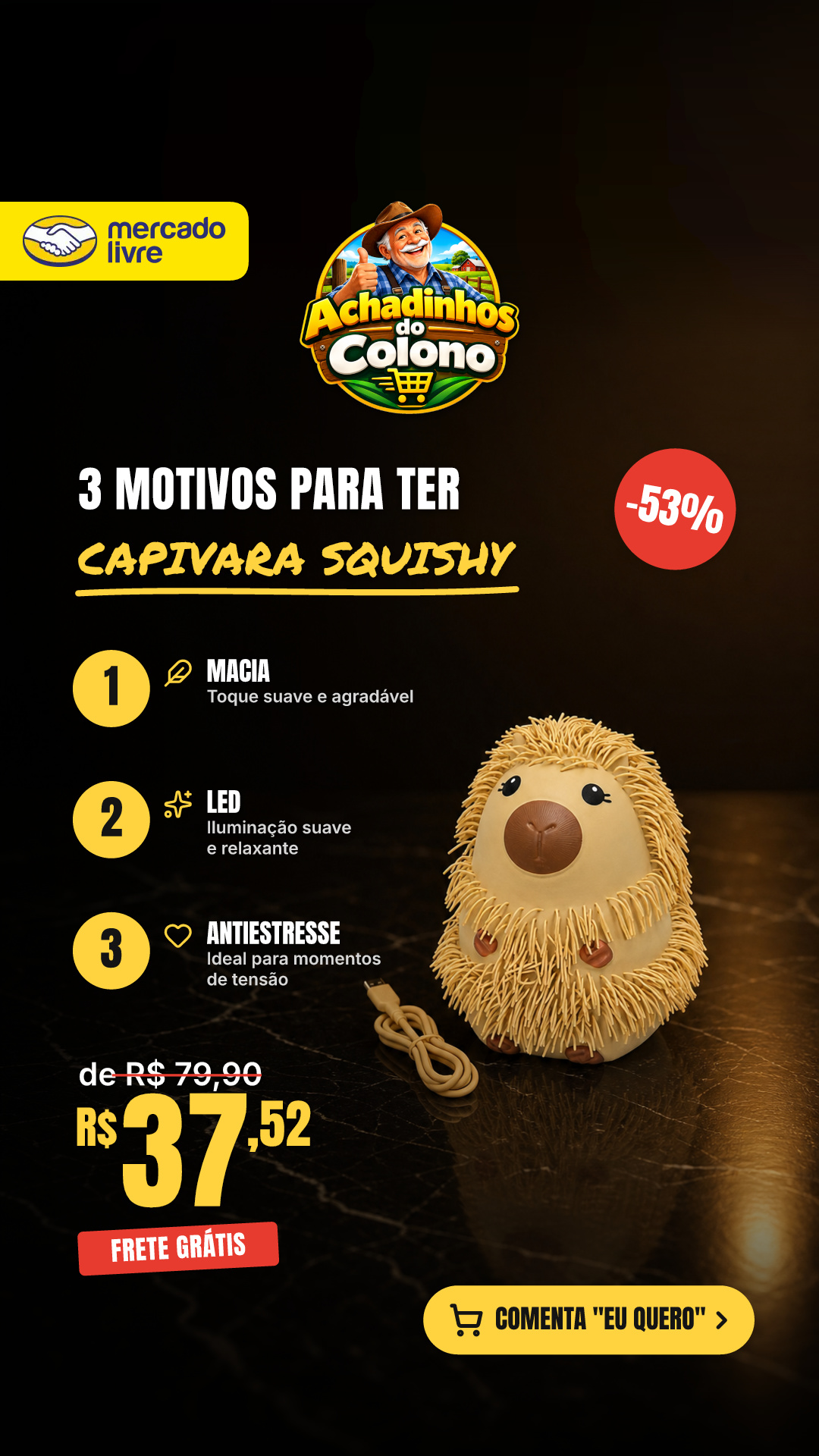 Squishy Capivara Macia Antiestresse Fofinha 25 Cm Led Pelo Marrom-claro