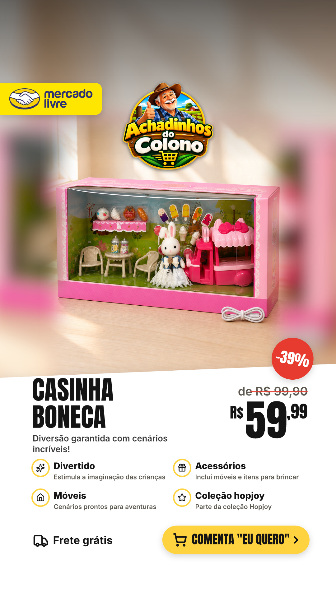 Casinha Boneca Coelho Brinquedo Infantil Mini Cenários Móveis Acessórios Coleção Hopjoy Maxi Toys - Sorveteria