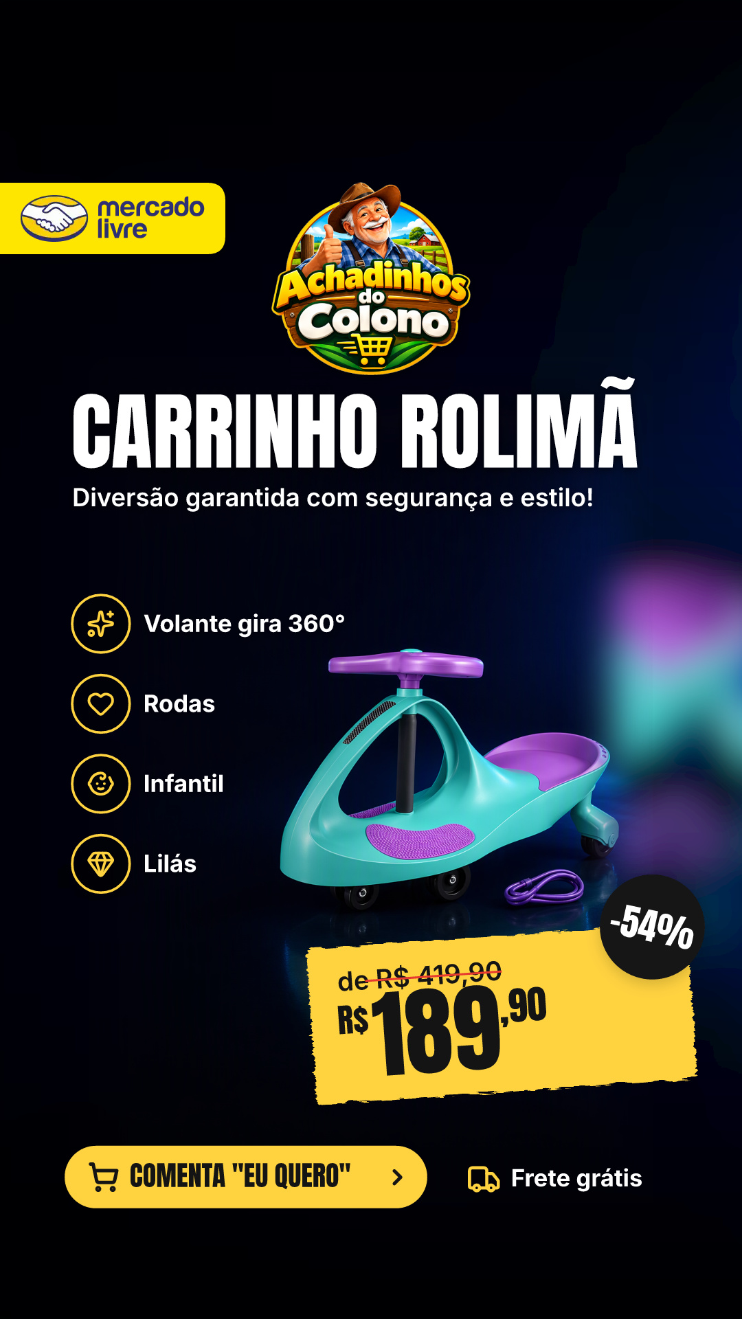 Carrinho Rolimã Infantil Volante Gira 360° Com Rodas…
