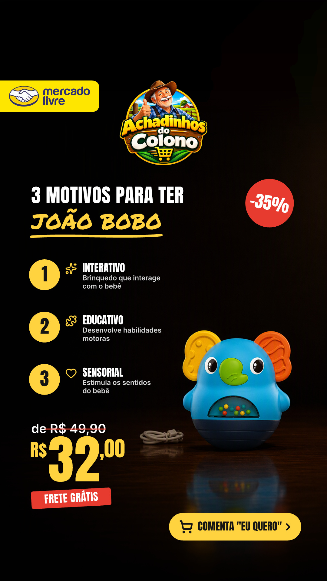 Brinquedo Interativo Bebê Chocalho Sensorial Educativo João Bobo Roly Poly Maxi Baby - Azul Elefante