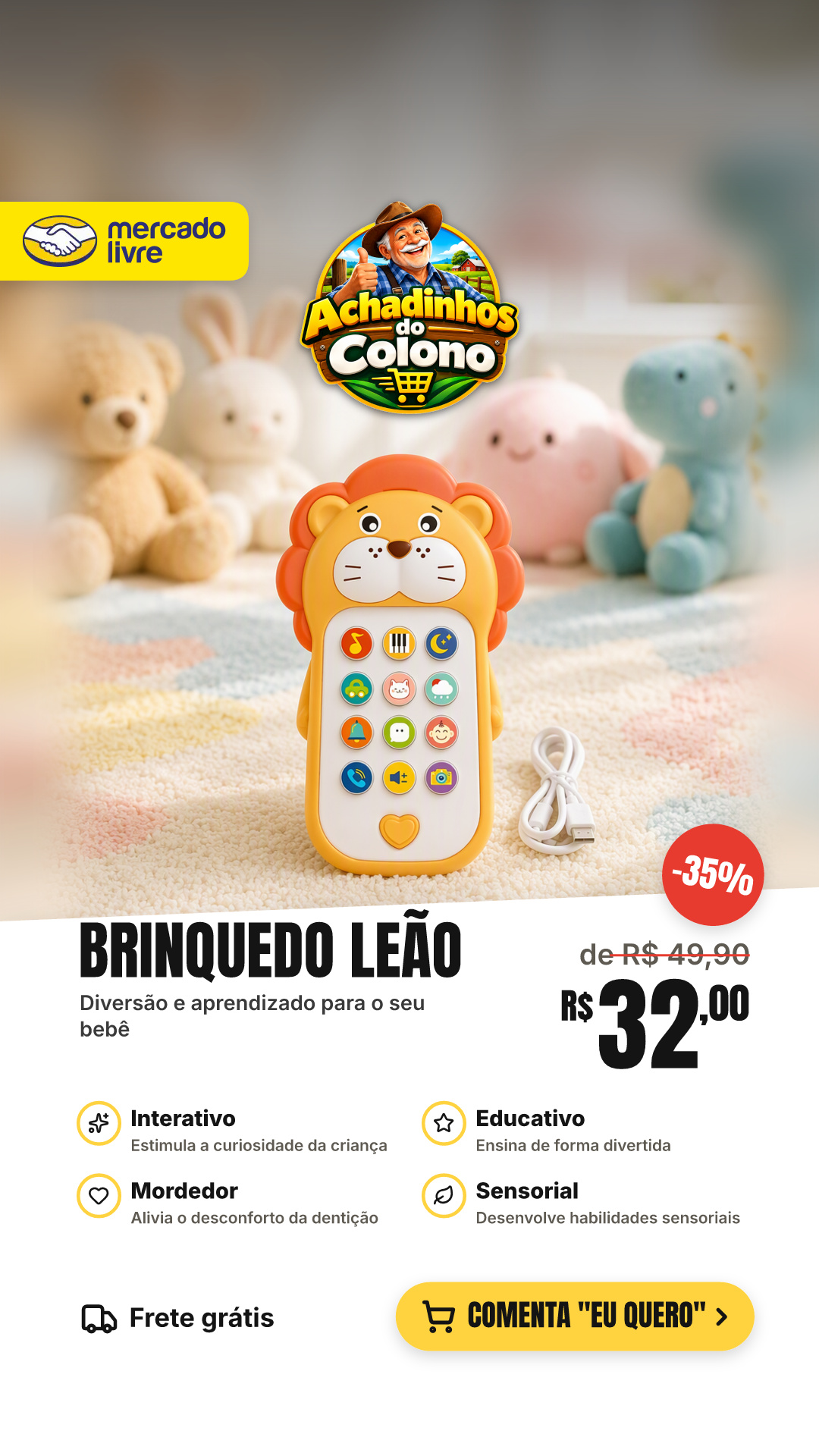 Brinquedo Interativo Bebê Telefone Musical Educativo Mordedor Sensorial Leão Maxi Baby