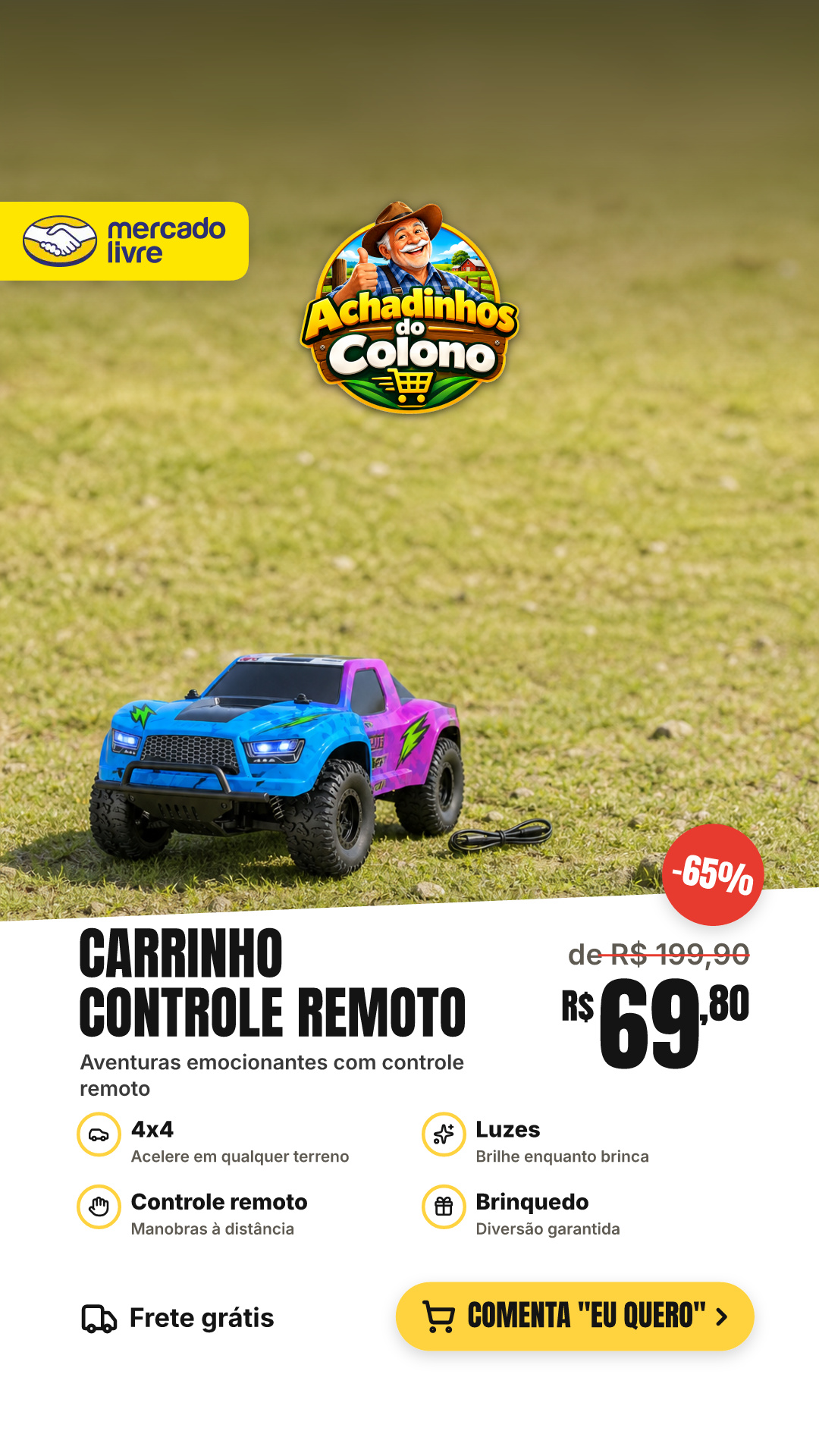 Carrinho De Controle Remoto 4x4 Off Road Brinquedo Com Luzes Azul