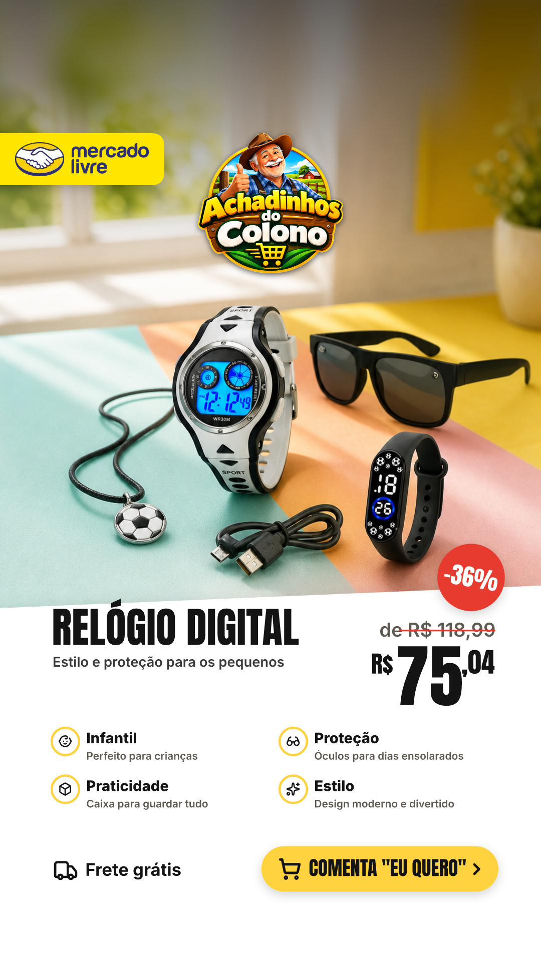 Relógio Digital Infantil Preto + Óculos Sol Colar + Caixa Preto