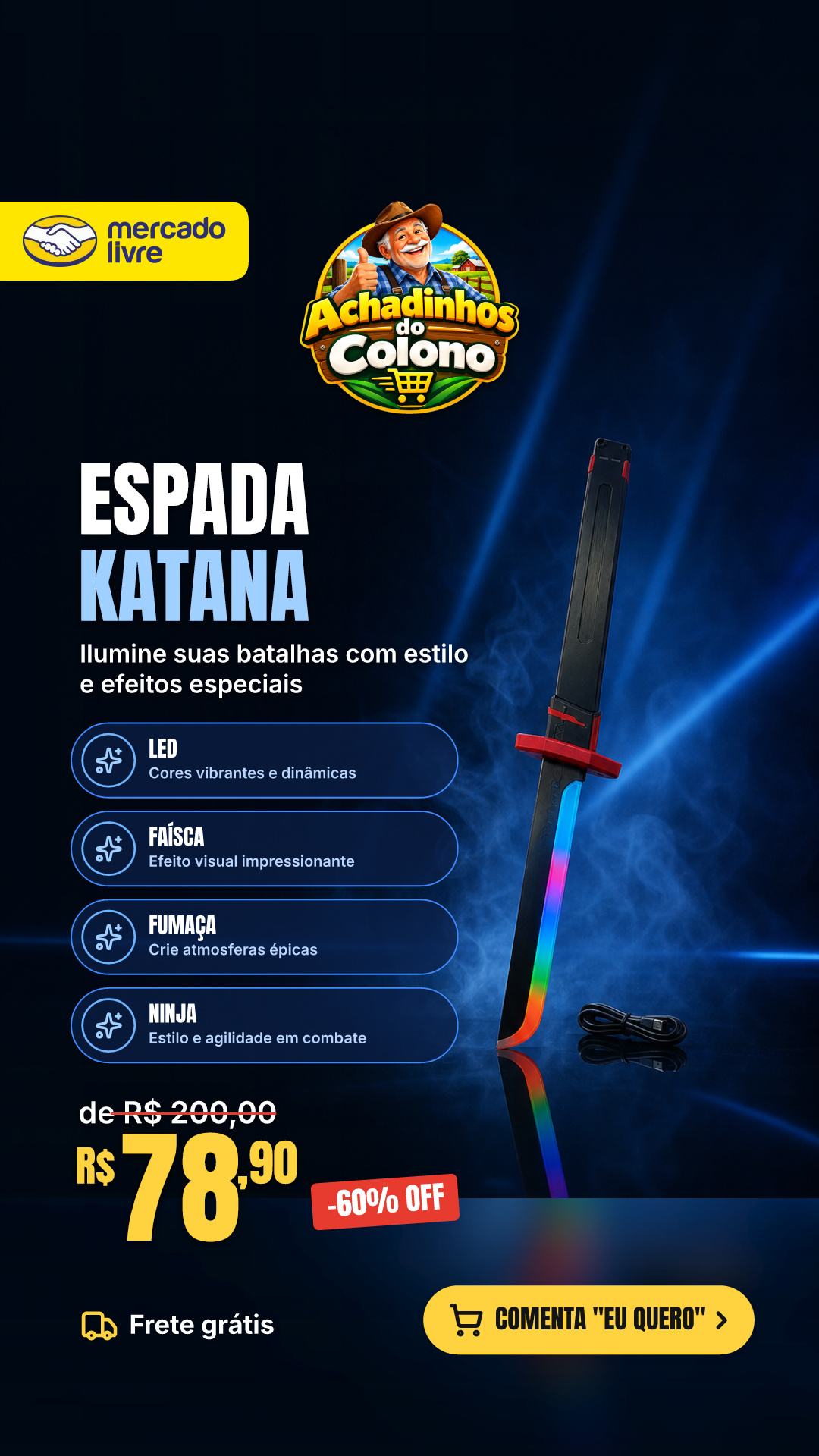 Espada Katana Ninja De Luz Led Rgb Sabre Com Faísca E Fumaça Preto
