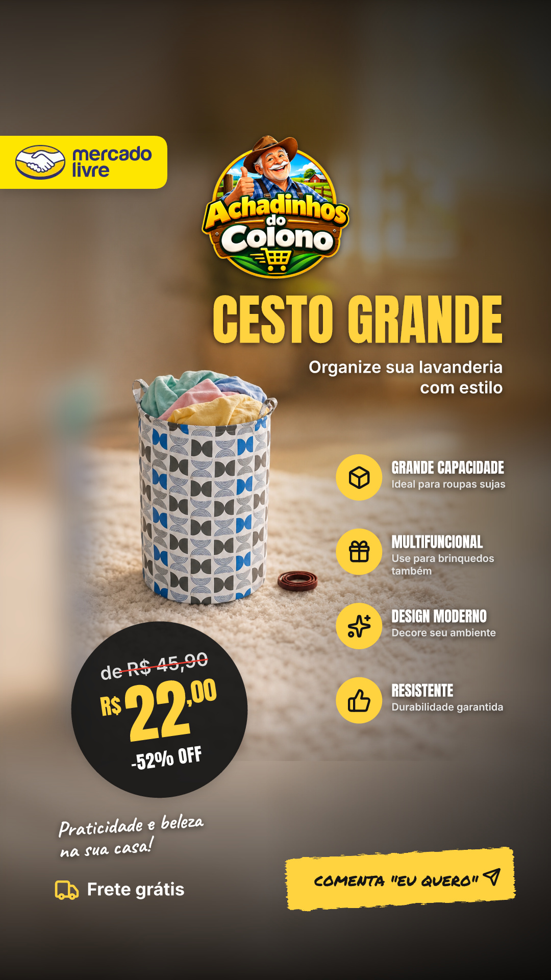 Cesto Grande Para Roupa Suja Lavanderia Brinquedo 60 Litros