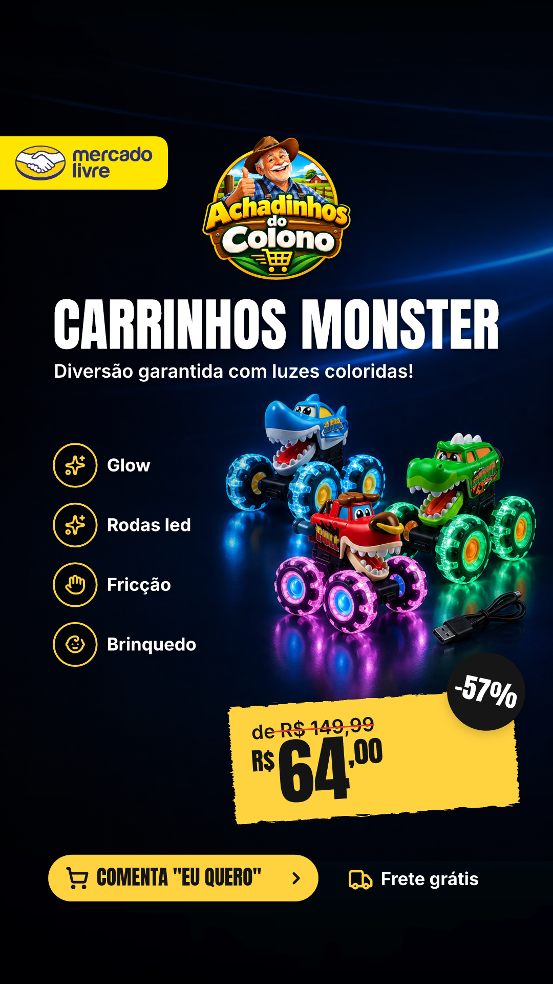 Kit 3 Carrinhos Monster Trucks Modelos Glow Rover Rodas Led Coloridas Com Fricção Luzes Brinquedo Criança Bebe