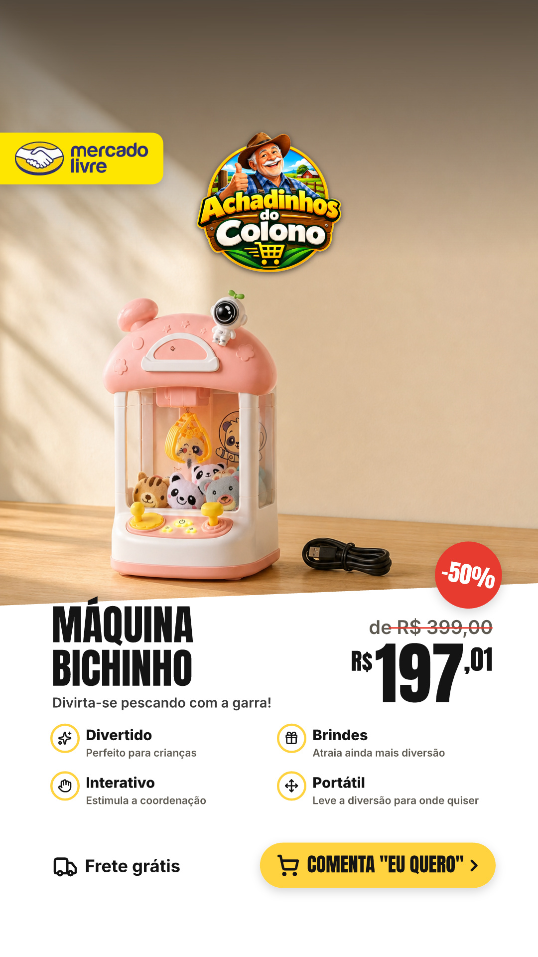 Mini Máquina De Pegar Bichinho Infantil Garra Com Brindes
